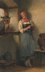 Strickende Magd mit Verehrer by Hugo Kauffmann, 1900, oil on panel, sold Dec 2021