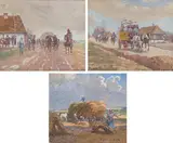 Folge von 3 Miniaturgemälden: Postkutsche, 1916 / Pferdefuhrwerk, 1916 / Heuernte by Hans Enzinger, oil on panel, sold Dec 2021