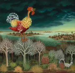 Landschaft mit Hahn by Ivan Generalić, 1966, oil, sold Dec 2021