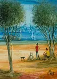 Rabbit trappers by Pro Hart, oil, sold Dec 2021