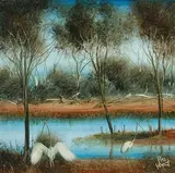 Birds on the Creek by Pro Hart, oil, sold Dec 2021
