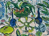 Stillleben mit blauen Vasen by Elizabeth Cope, 1991, oil on board, offered Dec 2021