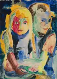 Zwei Bauernmädchen by Peter August Böckstiegel, 1921, gouache, sold Dec 2021