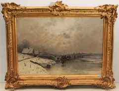 Holländische Winterlandschaft mit Fischervolk beim Krabbensuchen by Johann Jungblut, oil on canvas, sold Dec 2021
