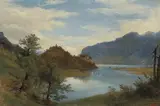 Blick von einer Anhöhe gegen die Kirchenruine Goldswil und den Brienzersee by François Diday, oil, offered Dec 2021