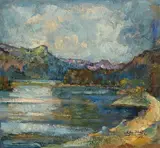 Silsersee mit Bergellerbergen, 1951 by Edgar Vital, oil on board, sold Dec 2021