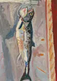 Aufgehängte Forelle", 1950 by Max Gubler, oil on canvas, offered Dec 2021