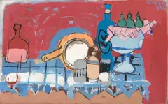 Stillleben mit blauem Tisch, 1965 by Carlotta Stocker, mixed media, sold Dec 2021