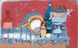 Stillleben mit blauem Tisch, 1965 by Carlotta Stocker, mixed media, sold Dec 2021
