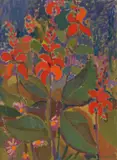 Garten mit blühenden, roten Canna by Constantin Polastri, oil on canvas, sold Dec 2021