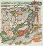 Hirte mit Schlitten by Alois Carigiet, 1974, color lithograph, sold Dec 2021