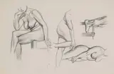 Croquis de trois nus, un assis sur une chaisse, et étude d'un pied avec deux mains by Félix Vallotton, chalk, sold Dec 2021