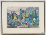 Heiliger in Landschaft by Hugo Wetli, 1954, mixed media, offered Dec 2021