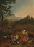 Spinnende Hirtin bei der Rast by Colonia, Adam de II, 1664, oil on panel, sold Sep 2021