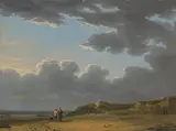 Umkreis Nordfranzösische Küstenlandschaft mit Booten und Figurenstaffage by Andreas Schelfhout, oil on panel, sold Sep 2021