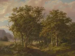 Bewaldete Landschaft mit Jägern by Caesar Bimmermann, 1861, oil on canvas, sold Sep 2021