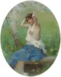 Junge Dame beim Brunnen by Auguste Émile Pinchart, oil on canvas, sold Sep 2021