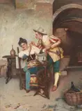 Die Spinnerin und ihr Verehrer by Giuseppe d.J. Bortignoni, oil on canvas, offered Sep 2021