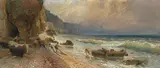 Kinder helfen dem Fischer bei heraufziehendem Gewitter am Stand von Sorrento by Franz Theodor Aerni, 1901, oil on canvas, sold Sep 2021