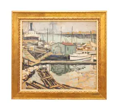 Dock with Shed by Walter Elmer Schofield, oil on board, sold Nov 2023