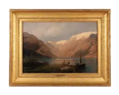 Fisherman on a Mountain Lake by Hermann Herzog, oil on canvas, sold Nov 2023