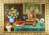Still Life with Monkey by George Hellyer, oil on canvas, sold Oct 2022