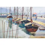 Boats in Harbor by K. K. Hebbar, watercolor and gouache on board, sold Nov 2022