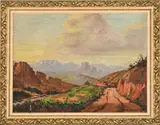 Mountainous Landscape by Madge Burnett, oil on board, sold Jul 2024