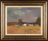 Landscape with Cattle and Farmhouses by Errol Boyley, oil on canvas, sold Jul 2024