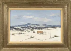 Distant Village in Winter’. Signed lower right Paul Sample. Image 15’’ x 24 by Paul Sample, oil on canvas, sold Feb 2025