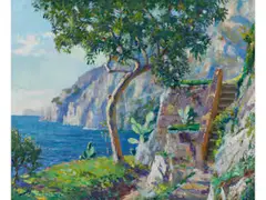 Sommerliche Terrasse am Tyrrhenischen Meer by Edward Cucuel, oil on panel, sold Sep 2021