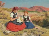 Stickende Bäuerin mit ihrer Tochter auf einer Wiese by Oszkár Glatz, 1947, oil on canvas, sold Sep 2021