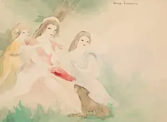 Drei weibliche Figuren mit Hund by Marie Laurencin, watercolor, sold Sep 2021