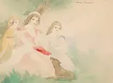 Drei weibliche Figuren mit Hund by Marie Laurencin, watercolor, sold Sep 2021