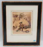 Rastender Gemsjäger in verschneiter, alpiner Landschaft by Edouard Girardet, watercolor, sold Sep 2021