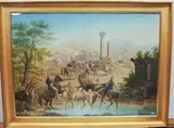 Gebirgige, orientalische Landschaft mit befestigten Städten und Ruinen by Johannes Stünzi, watercolor, offered Sep 2021