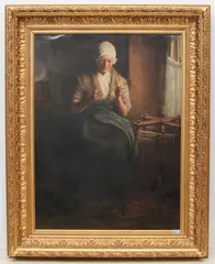 Bäuerin das gesponnene Garn auf eine Spule wickelnd by Hugh Carter, oil on canvas, sold Sep 2021