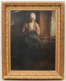 Bäuerin das gesponnene Garn auf eine Spule wickelnd by Hugh Carter, oil on canvas, sold Sep 2021