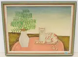 Cat with pot by George Fredericks, 1973, oil on board, offered Sep 2021