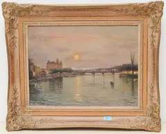 Nachtansicht von Zürich, mit der Quaibrücke, dem Bauschänzli und dem Grandhotel Bellevue by Fausto Giusto, oil on canvas, sold Sep 2021
