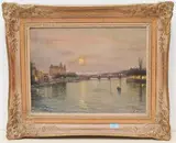 Nachtansicht von Zürich, mit der Quaibrücke, dem Bauschänzli und dem Grandhotel Bellevue by Fausto Giusto, oil on canvas, sold Sep 2021
