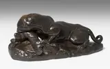 Frankreich, 19.Jh., nach dem Modell von Antoine-Louis Barye (1796–1875) by Tierfigur "Jaguar dévorant un lièvre", bronze, offered Sep 2021