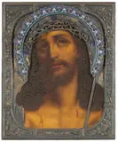 Russisch, um 1900 by Dornengekrönter Christus mit emaillierter Silberbasma, tempera, sold Sep 2021