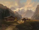 Bauernhäuser bei Engelberg, mit Blick gegen die Spannörter, 1845 by Jakob Josef Zelger, oil on canvas, sold Sep 2021