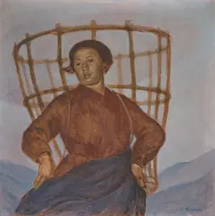 Jungen Bäuerin, eine grosse Heuchräze auf dem Rücken tragend by Augusto Sartori, oil, sold Sep 2021