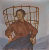 Jungen Bäuerin, eine grosse Heuchräze auf dem Rücken tragend by Augusto Sartori, oil, sold Sep 2021