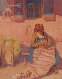 Vor dem Haus sitzende Bauersfrau, eine Webdecke flickend, 1912 by Ugo Zaccheo, oil on canvas, sold Sep 2021
