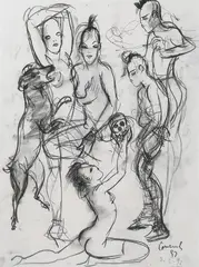 Punks by Mario Comensoli, 1992, charcoal, offered Sep 2021