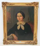 Maria Susanna Merian, in einer Loggia mit Blick auf das Basler Münster sitzend, 1856 by Johann Bucher, oil on canvas, sold Sep 2021