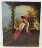 Nidwaldner Trachtenmädchen auf einer mit Reben bewachsenen Laube sitzend by Johann Israel Darms, oil on panel, sold Sep 2021